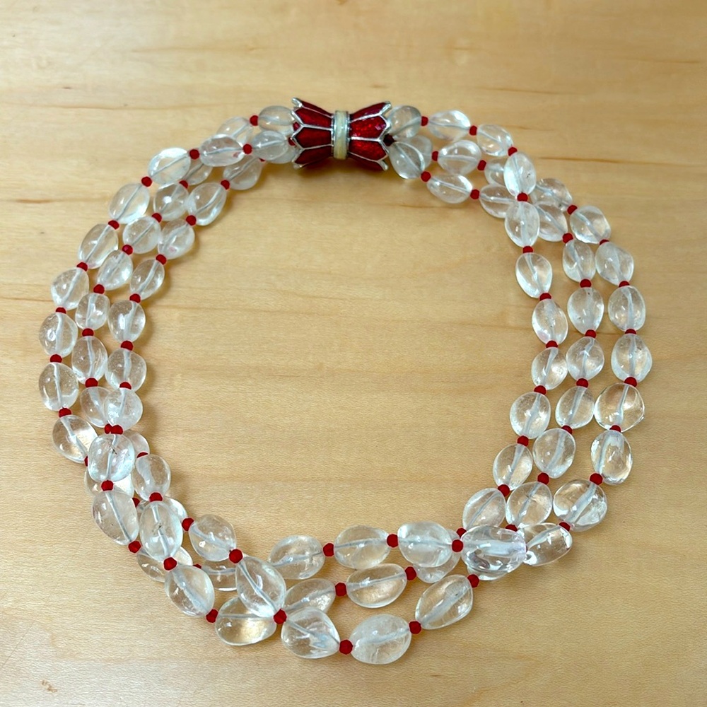 Clear QUARTZ 3 strand BEADED COLLAR with red enamel clasp